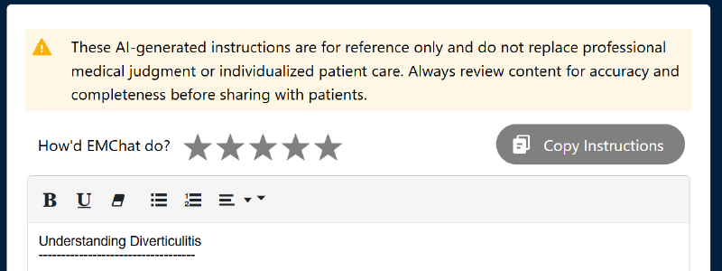 Feedback mechanism for patient instruction generation and the ‘Copy Instructions’ button for tracking clicks.