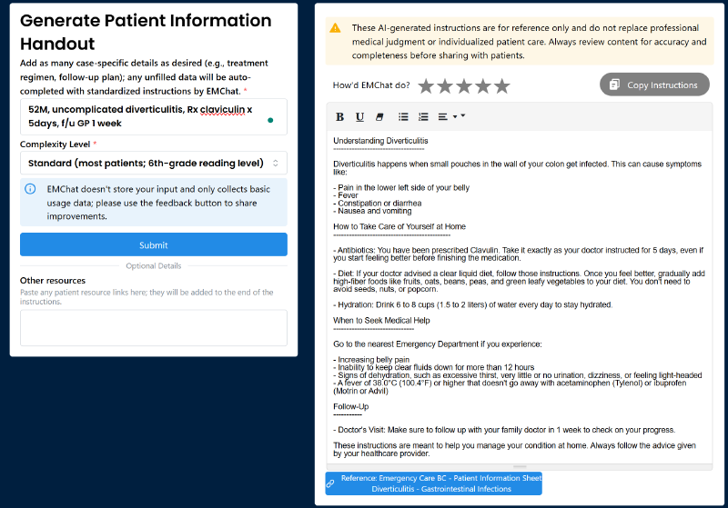 EMChat’s patient instruction generation interface.